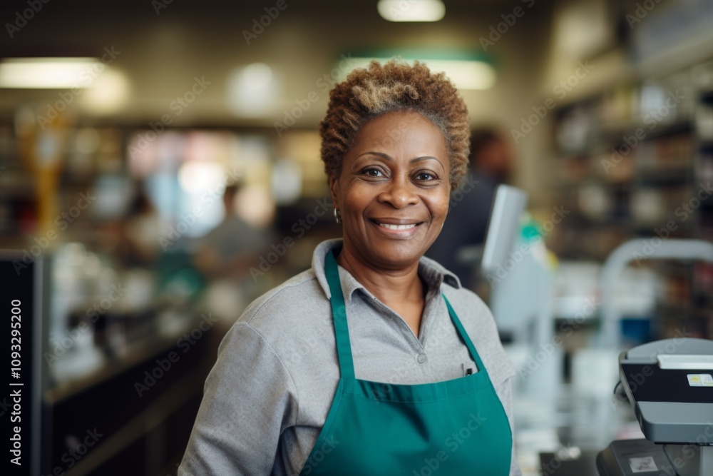 Portrait of a middle aged African American female cashier Portrait of a middle aged African American female cashier