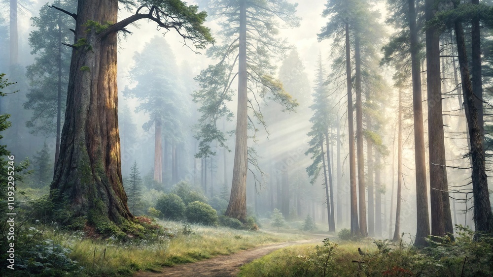 A dreamy watercolour painting of a misty forest with tall trees and soft light filtering through, dreamy, landscape, trees, forest, outdoor A dreamy watercolour painting of a misty forest with tall trees and soft light filtering through, dreamy, landscape, trees, forest, outdoor