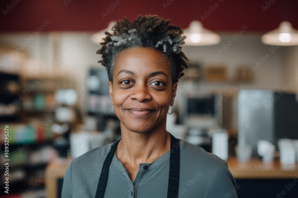 Portrait of a middle aged African American female cashier Portrait of a middle aged African American female cashier