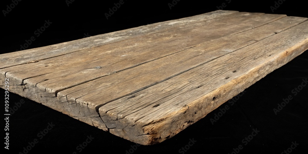 A distressed wooden plank set against a black background with visible cracks and wear, wear, black A distressed wooden plank set against a black background with visible cracks and wear, wear, black