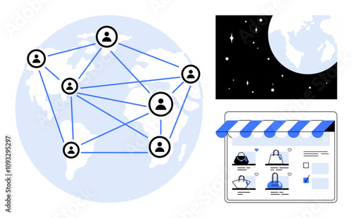 Globe with interconnected users, online store with bags, and moon stars. Ideal for global business, ecommerce, space. Also relevant for digital transformation, communication, networking innovation