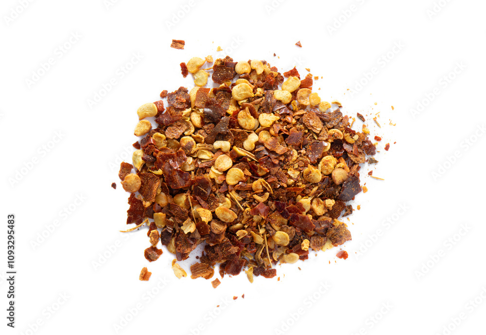 Homemade powdered dried red chili powder flakes. Asian food seasoning. Above view, studio shot isolated on white background.