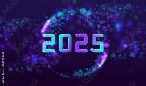 Happy New Year 2025 banner in technology ai style. Ai holidays cyber new year vector particles background. Happy holiday high tech design. Neon game text 2025.