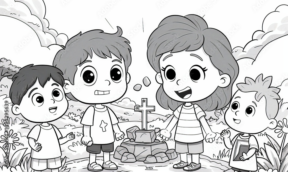 Children gather in a sunset field, dropping stones and sharing cheerful expressions. In the background, a holy book and cross create a peaceful atmosphere, inviting creativity Children gather in a sunset field, dropping stones and sharing cheerful expressions. In the background, a holy book and cross create a peaceful atmosphere, inviting creativity