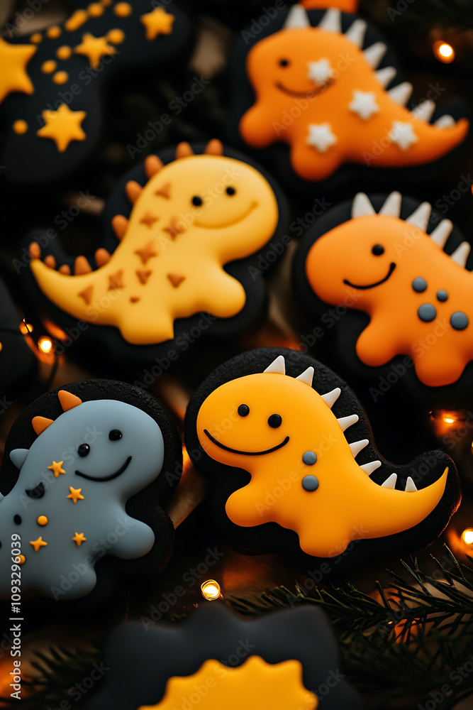 Obraz premium Flat-lay of quirky Valentine's cookies shaped like dinosaurs, stars, and funny cartoon hearts, printspace ,Bokeh-filled backgrounds, warm autumn tones, glowing lights