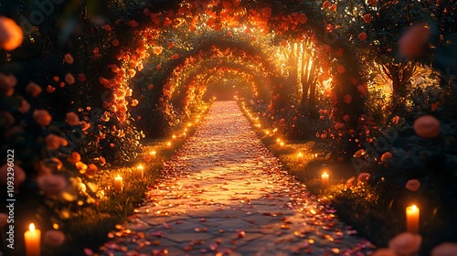 Beautiful floral walkway illuminated by candles creating magical outdoor wedding picture scene picture