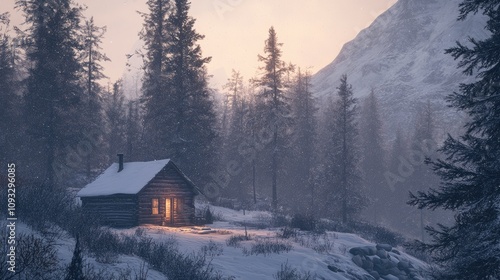 Serene Winter Cabin Surrounded by Snowy Landscape and Tall Pine Trees at Dusk in a Tranquil Mountain Forest Scene