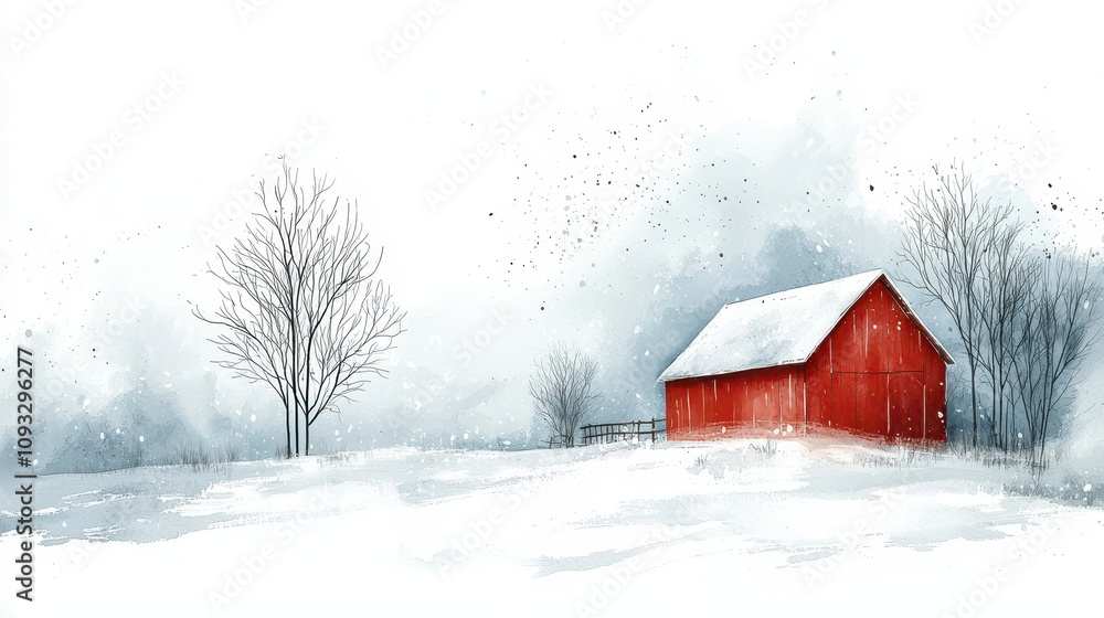 A serene winter landscape featuring a red barn surrounded by snow, trees, and a hazy, cloudy sky. A serene winter landscape featuring a red barn surrounded by snow, trees, and a hazy, cloudy sky.