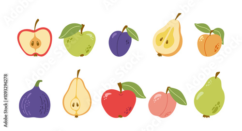 Summer garden fruits with leaves. Apple, plum, pear, apricot, peach, fig. Hand drawn vector cartoon collection.