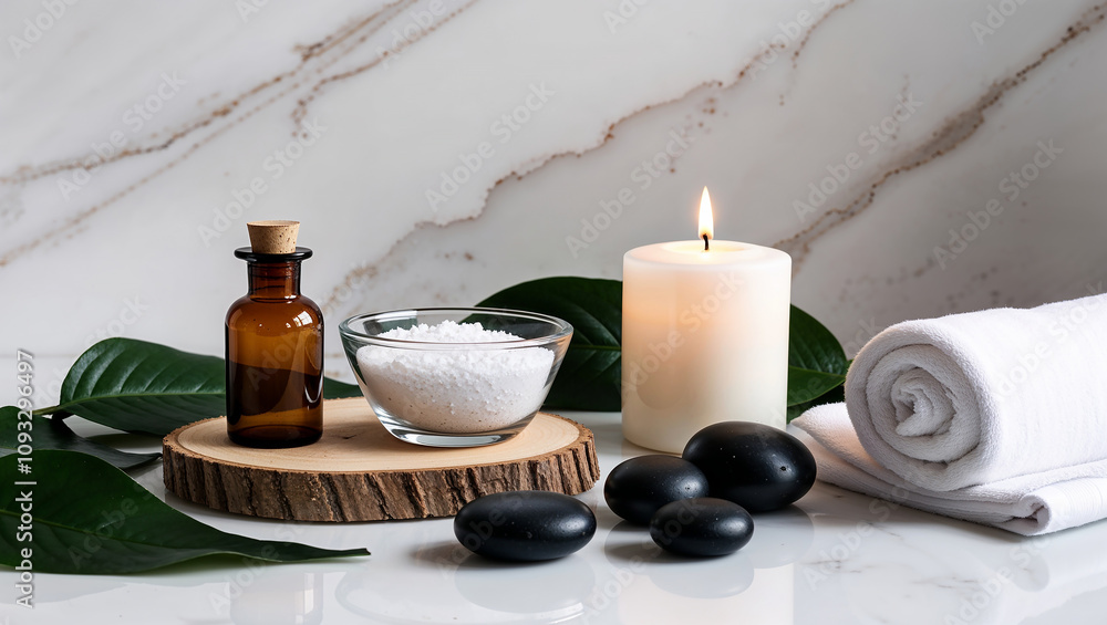 Spa essentials with candle, salts and towel for relaxation. Spa essentials with candle, salts and towel for relaxation.