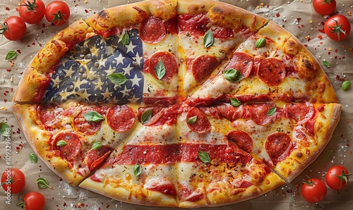 A vibrant digital illustration showcases an American flag creatively crafted from pizza, with red sauce and cheese stripes and pepperoni stars. This artistic piece brings joy to pizza lovers photo