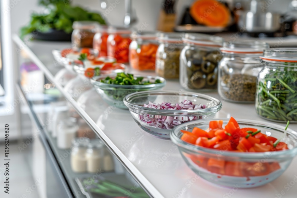 Freshly chopped vegetables displayed in clear bowls Freshly chopped vegetables displayed in clear bowls