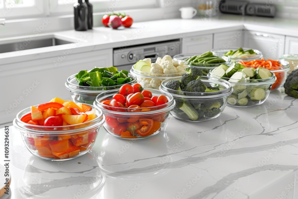 Freshly chopped vegetables displayed in clear bowls Freshly chopped vegetables displayed in clear bowls