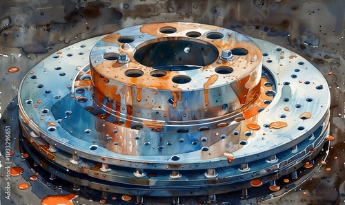 An artistic representation captures the close-up view of a brake disk and wheel hub, showcasing their vital role in automotive safety photo