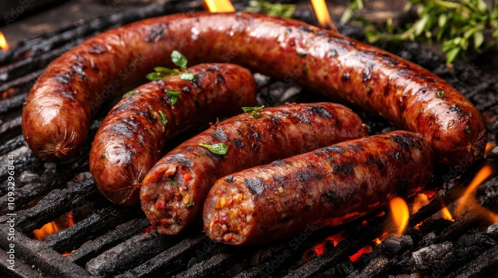Fototapeta premium Delicious Grilled Sausages on a Charcoal Grill with Flames and Fresh Herbs, Perfect for Summer Barbecues and Outdoor Gatherings, Savory and Juicy Treats Await