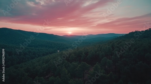 Serene Sunset Over Lush Green Mountain Forest