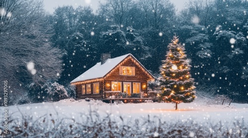 wooden cottage with xmas lights in the snowy forest