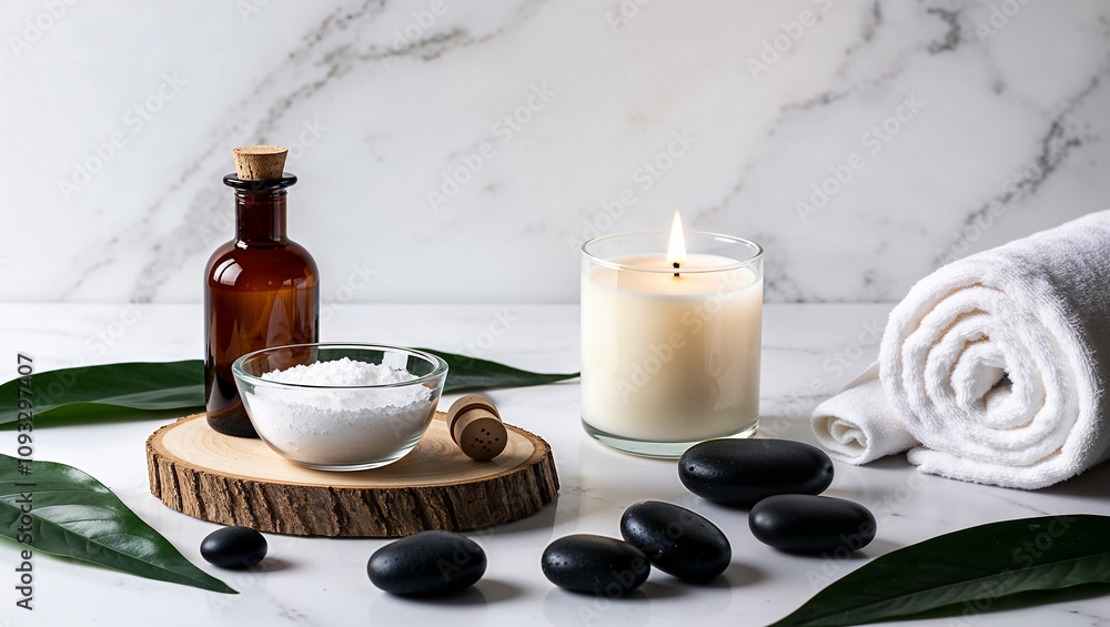 Serene spa ambiance with a lit candle, towels, and a bottle Serene spa ambiance with a lit candle, towels, and a bottle