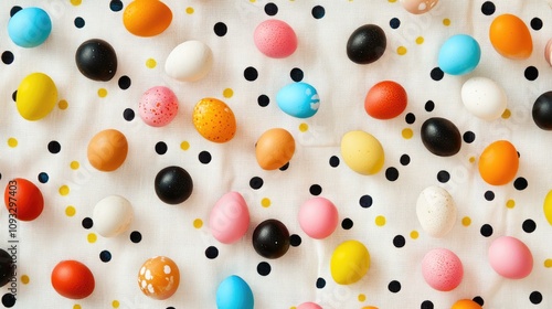 Colorful Easter Eggs Laying on White Fabric Background with Black Dots, Perfect for Holiday Celebrations, Crafts, and Spring Themes in Stock Photography