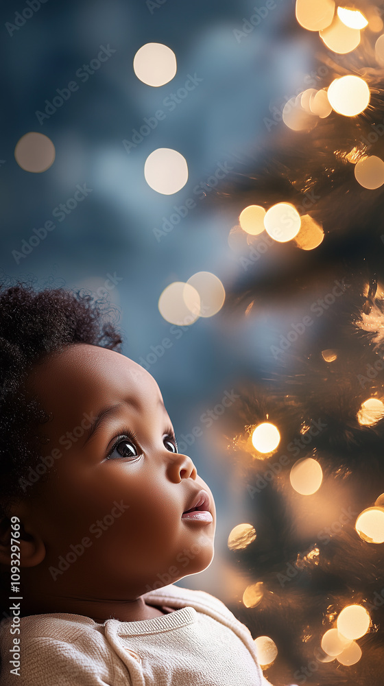 Black baby against blurred Christmas tree, New Year, banner Black baby against blurred Christmas tree, New Year, banner