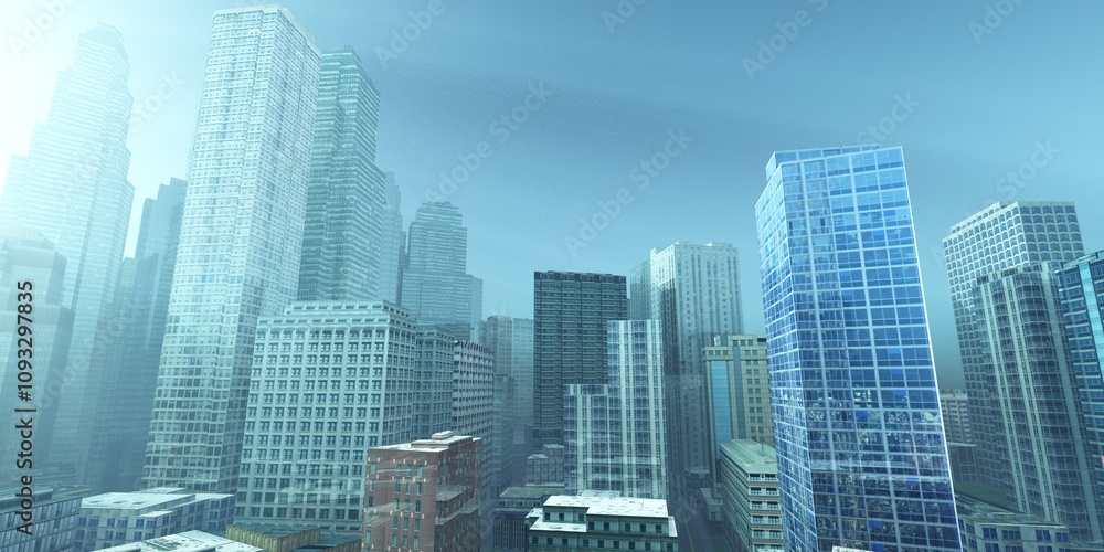 Obraz premium Skyscrapers, high-rise buildings from below against the background of the sky, cityscape, panorama of skyscrapers, 3D rendering