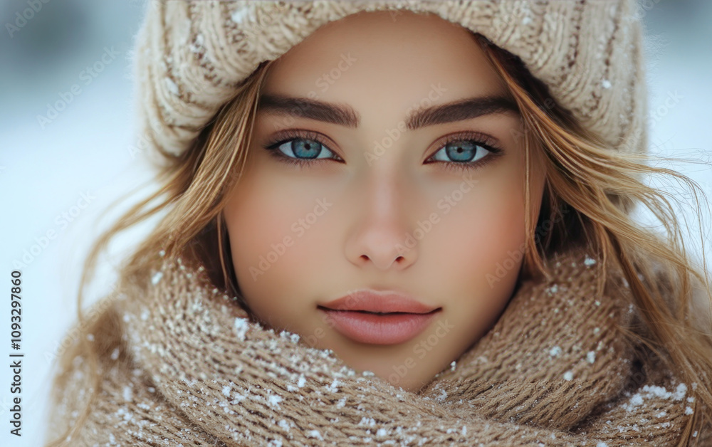 A close-up portrait of a young woman with blue eyes and blond hair against a winter background A close-up portrait of a young woman with blue eyes and blond hair against a winter background