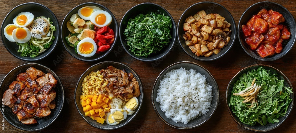 Colorful Array of Asian-Inspired Dishes Displayed in Bowls Featuring Rice, Vegetables, Eggs, and Various Meats in an Inviting Culinary Presentation Colorful Array of Asian-Inspired Dishes Displayed in Bowls Featuring Rice, Vegetables, Eggs, and Various Meats in an Inviting Culinary Presentation