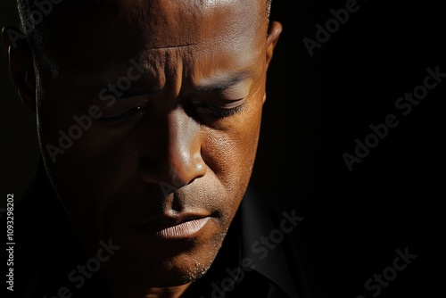 A close-up portrait of a man with his head slightly bowed, eyes closed, and deep shadows on his face, expressing a somber, introspective mood under dramatic lighting