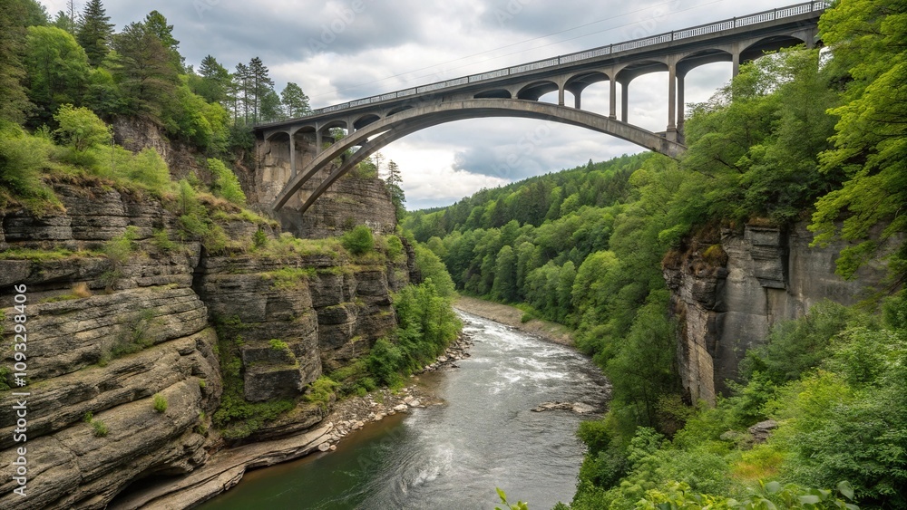 Bridge arching over a river gorge with steep rock walls and lush vegetation of willow and alder trees, rocky terrain, dramatic landscape Bridge arching over a river gorge with steep rock walls and lush vegetation of willow and alder trees, rocky terrain, dramatic landscape