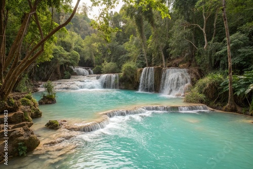 Clear turquoise waters of Kuang Si waterfall cascading into a scenic pool, waterfall, scenic photo