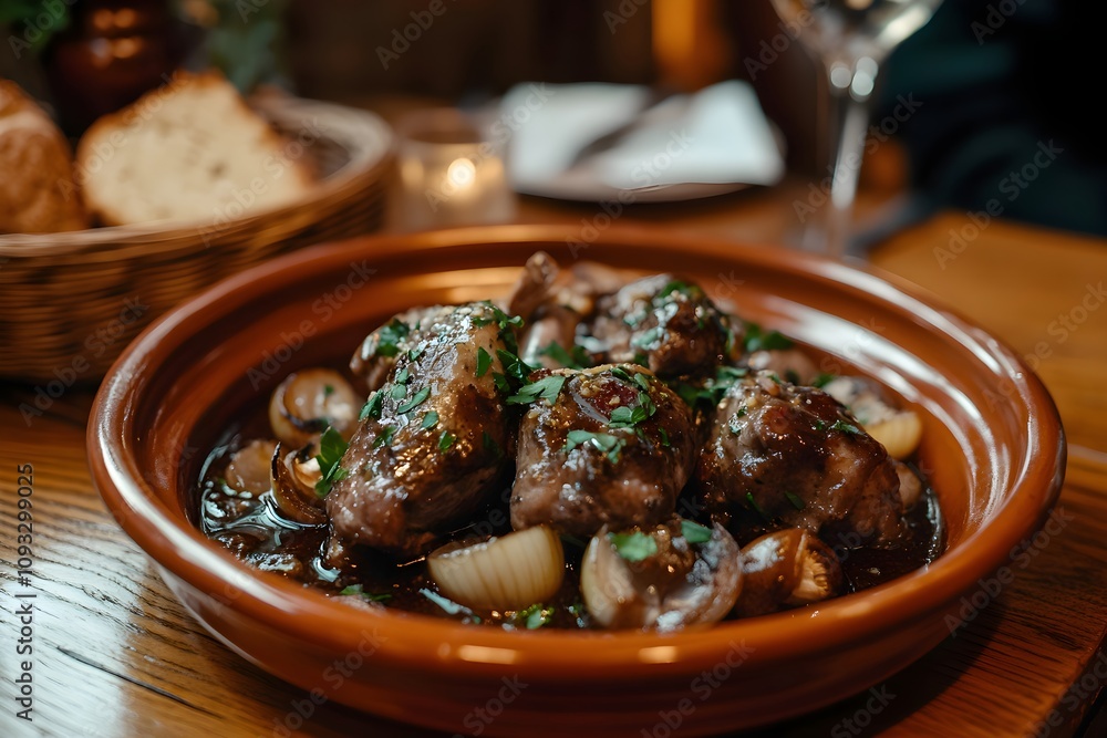 Close-up of Civet de Lapin on a rustic plate with rabbit legs, mushrooms, and onions in wine glaze. On a wooden table with bread, wine, candle Close-up of Civet de Lapin on a rustic plate with rabbit legs, mushrooms, and onions in wine glaze. On a wooden table with bread, wine, candle