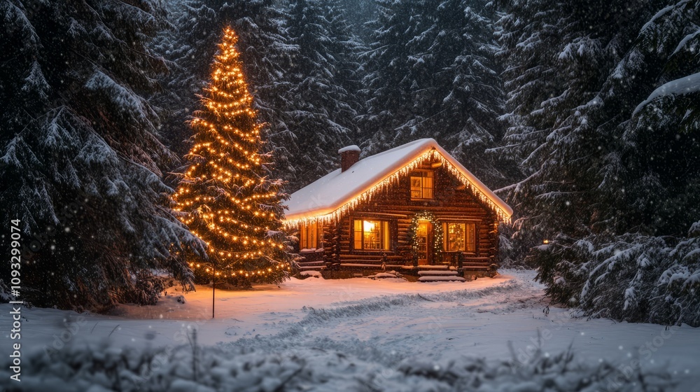 decorated house in the forest with christmas tree decorated house in the forest with christmas tree