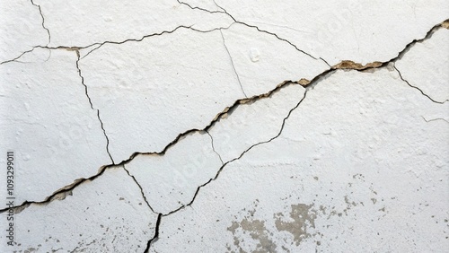 Crack wall surface with prominent ridges and grooves set against a smooth white background, prominent crack wall, ridged texture, rugged exterior