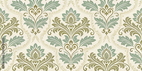 Damask seamless wallpaper background, luxurious fabric texture, sophisticated atmosphere