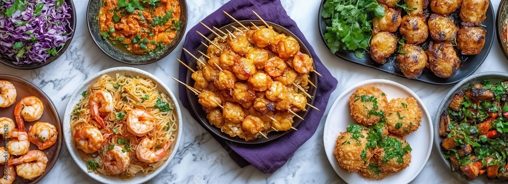 Colorful Array of Gourmet Dishes Featuring Shrimp, Chicken, Vegetarian Options and Flavorful Sauces Perfect for Celebrations and Gatherings Colorful Array of Gourmet Dishes Featuring Shrimp, Chicken, Vegetarian Options and Flavorful Sauces Perfect for Celebrations and Gatherings