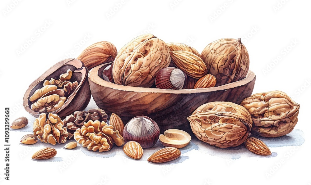 A delightful arrangement of various nuts including almonds, walnuts, and cashews forms a visually appealing circular pattern. This digital illustration celebrates natural textures and colors A delightful arrangement of various nuts including almonds, walnuts, and cashews forms a visually appealing circular pattern. This digital illustration celebrates natural textures and colors