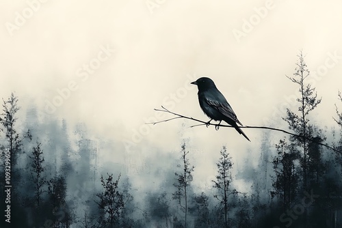 A lone bird perched on a branch in a misty forest photo