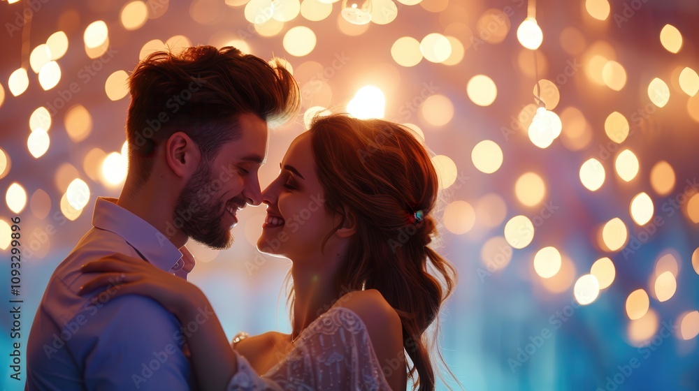 A loving couple smiling and embracing under soft glowing string lights, creating a warm and romantic atmosphere during the evening A loving couple smiling and embracing under soft glowing string lights, creating a warm and romantic atmosphere during the evening