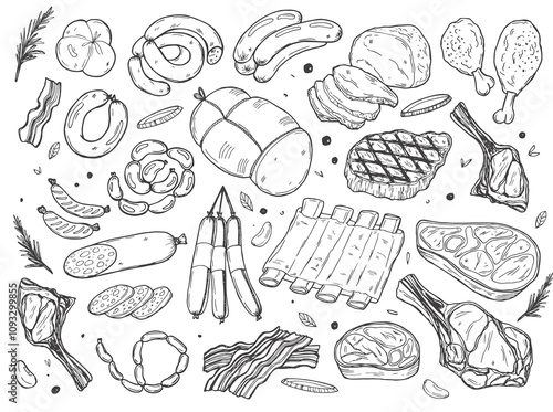 Fresh raw meat collection, sketch vector illustration. Hand drawn food isolated design elements. Pieces of beef steak, ham, pork fillet, lamb chops.