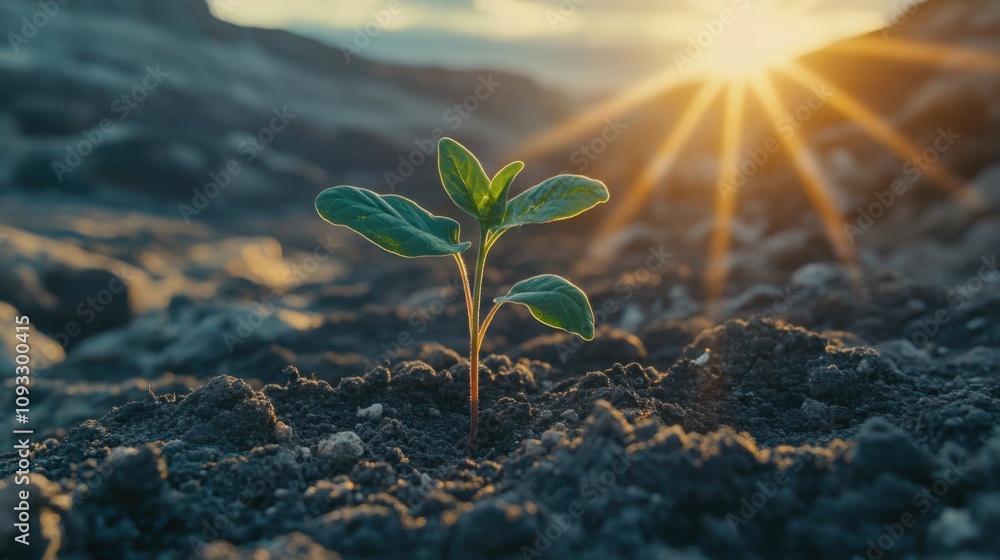 A Young Green Plant Emerging from Dark Soil with a Beautiful Sunset in the Background Symbolizing Growth, Renewal, and Nature's Resilience in a Harsh Environment A Young Green Plant Emerging from Dark Soil with a Beautiful Sunset in the Background Symbolizing Growth, Renewal, and Nature's Resilience in a Harsh Environment