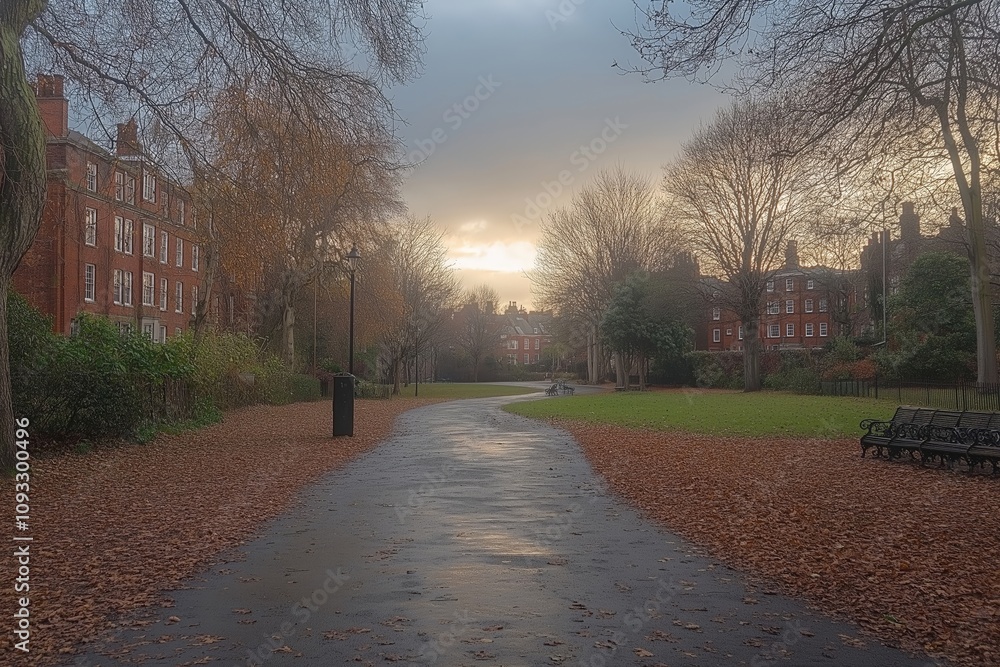 Obraz premium A peaceful autumn scene in a city park with bare trees and fallen leaves covering the path, leading towards buildings under a gray, overcast sky, creating a serene and reflective atmosphere