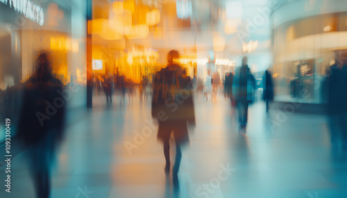 blurred image of people walking in a shopping center. consumerism