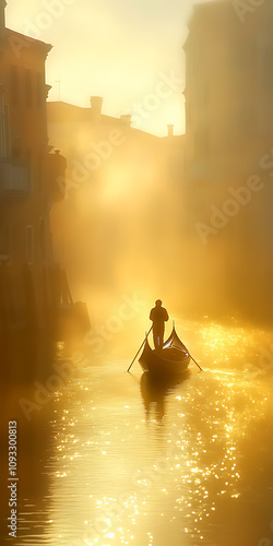 A romantic gondola ride throughriver of molten gold underglowing Christmas sky, printspace ,Minimalist color scheme, muted tones, clean lines photo