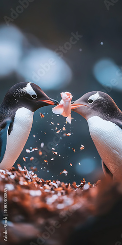 Penguin proposing to another penguin withfish instead ofring, surrounded bycheering crowd of seals, printspace ,Abstract textures, blurred motion, dreamlike colors photo