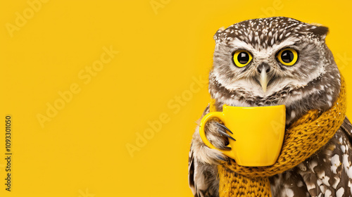 cute owl wearing scarf on yellow background photo