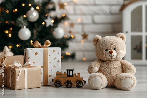 Christmas theme photography background, white brick wall, white Windows, Christmas decorations, Christmas tree and white decorative lights, toy bear sitting on drum head. photo