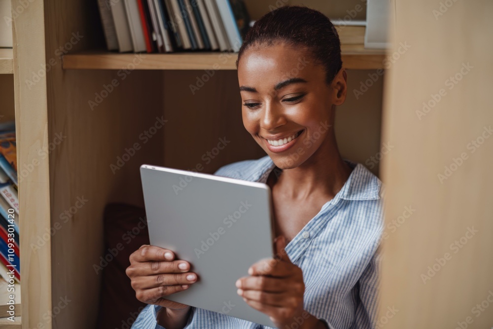 Smiling Young African Woman Using Tablet Cozy Home Office Setting Smiling Young African Woman Using Tablet Cozy Home Office Setting