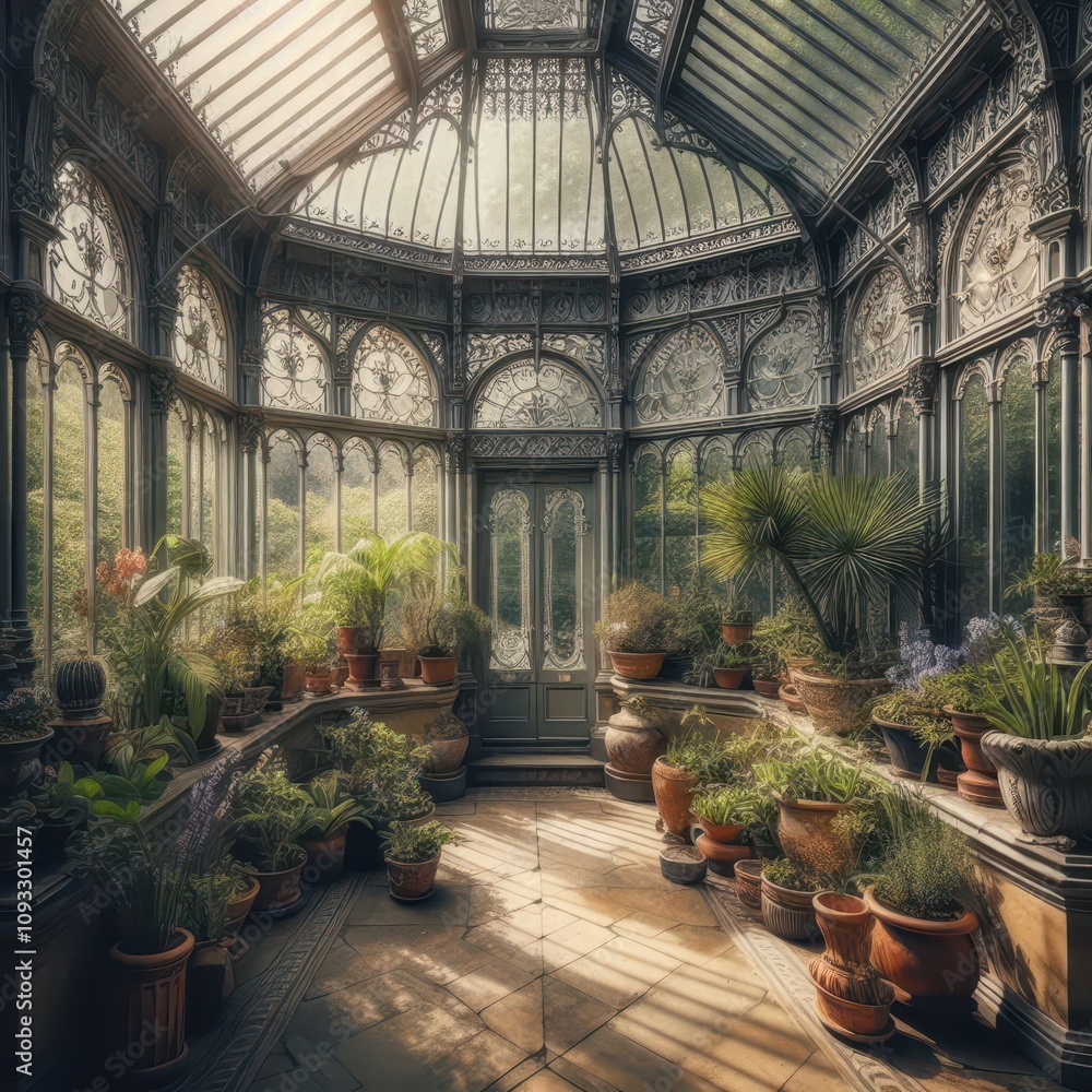 Obraz premium Exquisite Victorian-style conservatory with ornate ironwork, a domed glass ceiling, and lush indoor plants