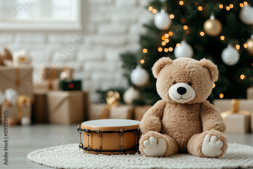 Christmas theme photography background, white brick wall, white Windows, Christmas decorations, Christmas tree and white decorative lights, toy bear sitting on drum head. photo