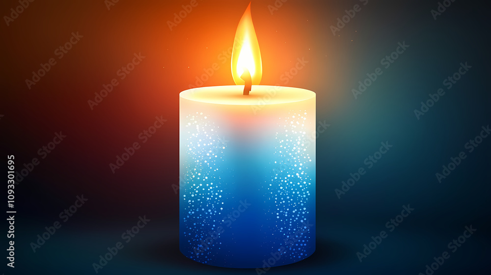 A close-up of a single candle flame illuminating a dark background. the candle is blue and white, and the flame is bright orange, copy space. Burning Candle Wax. Illustration A close-up of a single candle flame illuminating a dark background. the candle is blue and white, and the flame is bright orange, copy space. Burning Candle Wax. Illustration